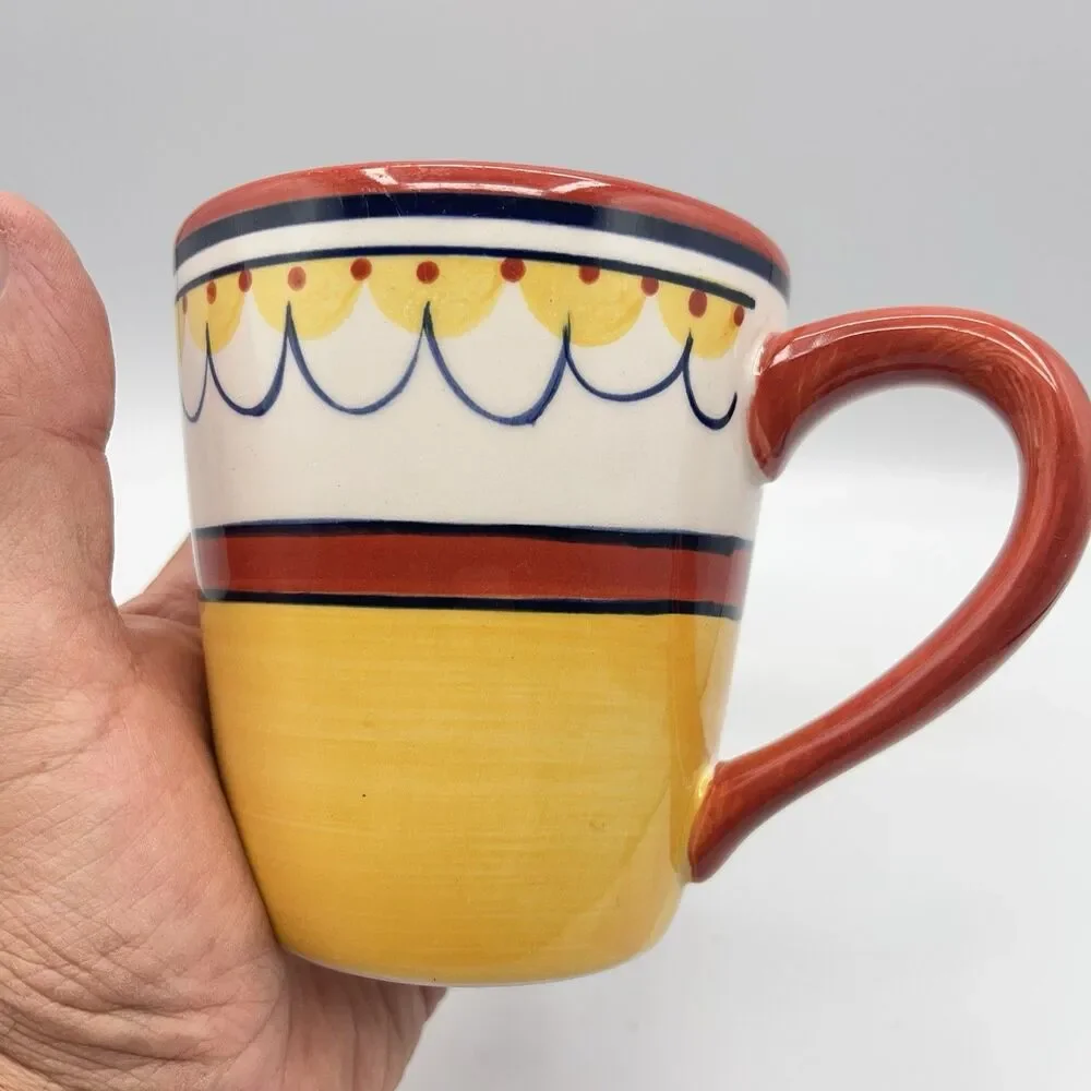 Pier 1 Del Sol Collection Coffee Cup, Hand Painted. Yellow And Orange Design.